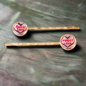 Sweet Love Heart Hair Pins Gold Conversation Candy Heart Bobby Pins Set of 2